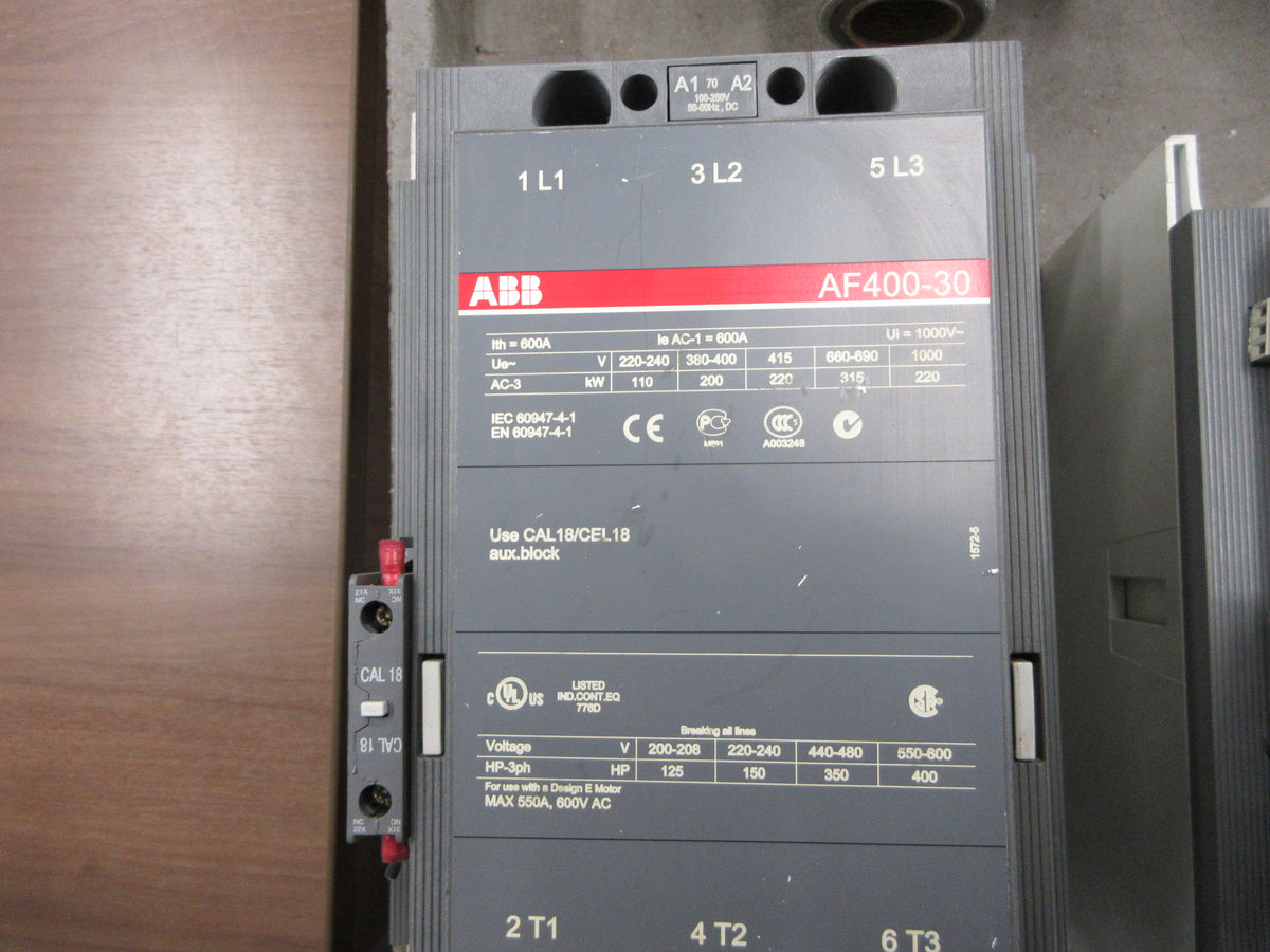 ABB Contactor AF400-30 100-250V AC/DC 550A 600V (1) Aux Contact Used
