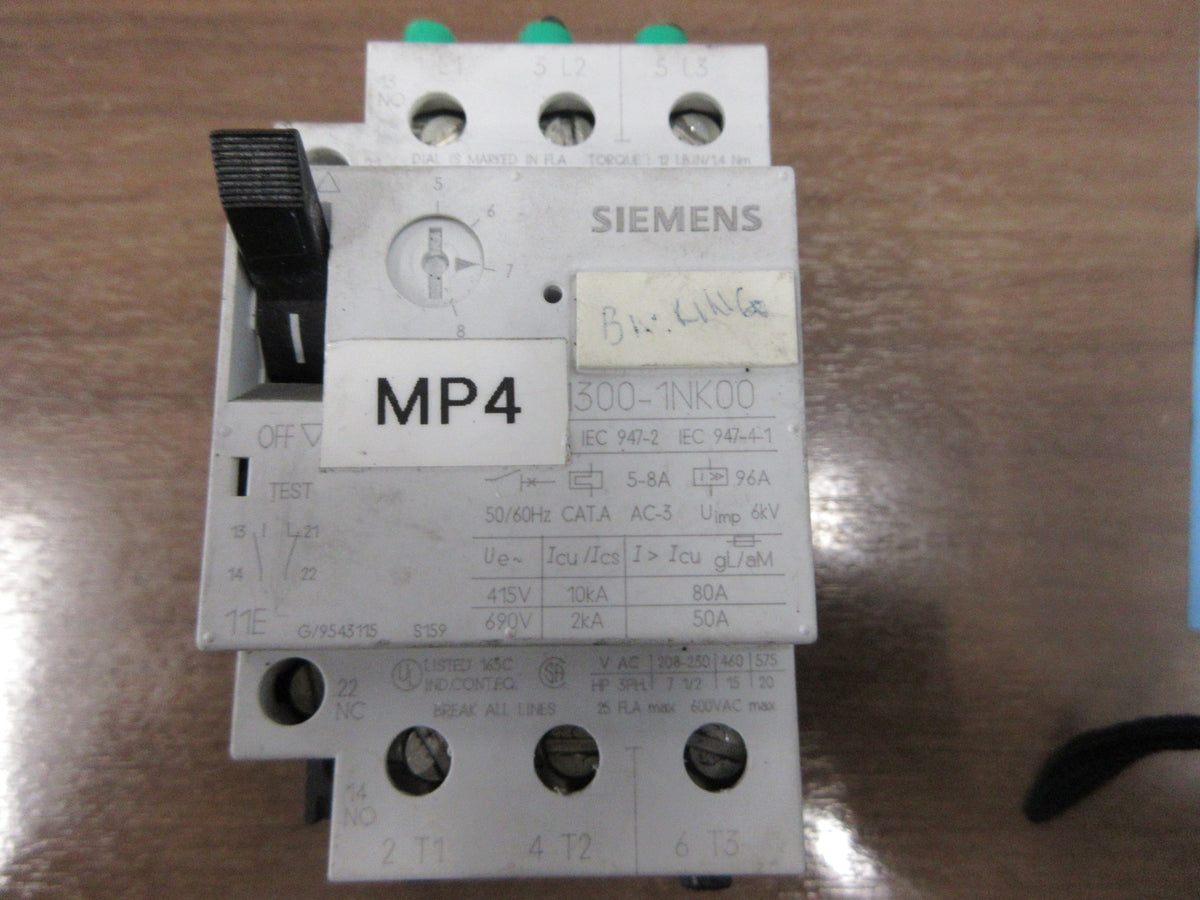 Siemens Manual Motor Protector 3VU1300-1NK00 Trip:5-8A Used