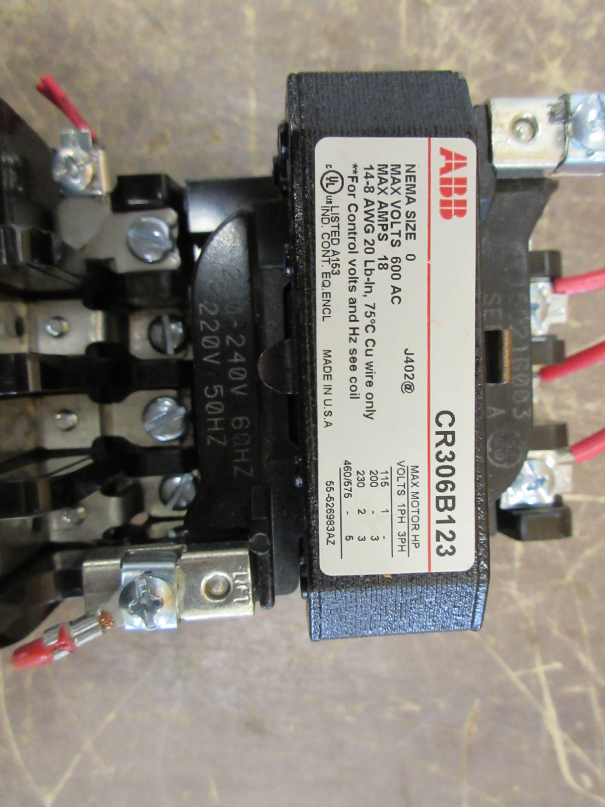 ABB Size 0 Starter CR306B123 230-240V Coil 18A 600V Used