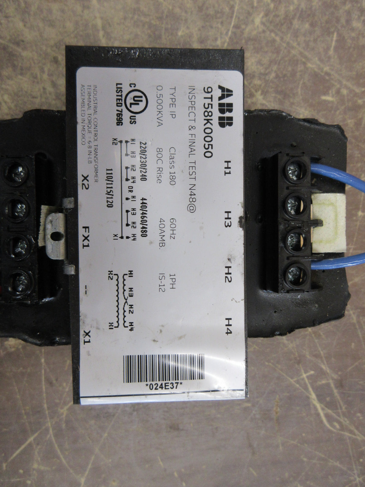 ABB Control Transformer 9T58K0050 0.500KVA Pri: 240/ 480V Sec: 120V 60Hz Used