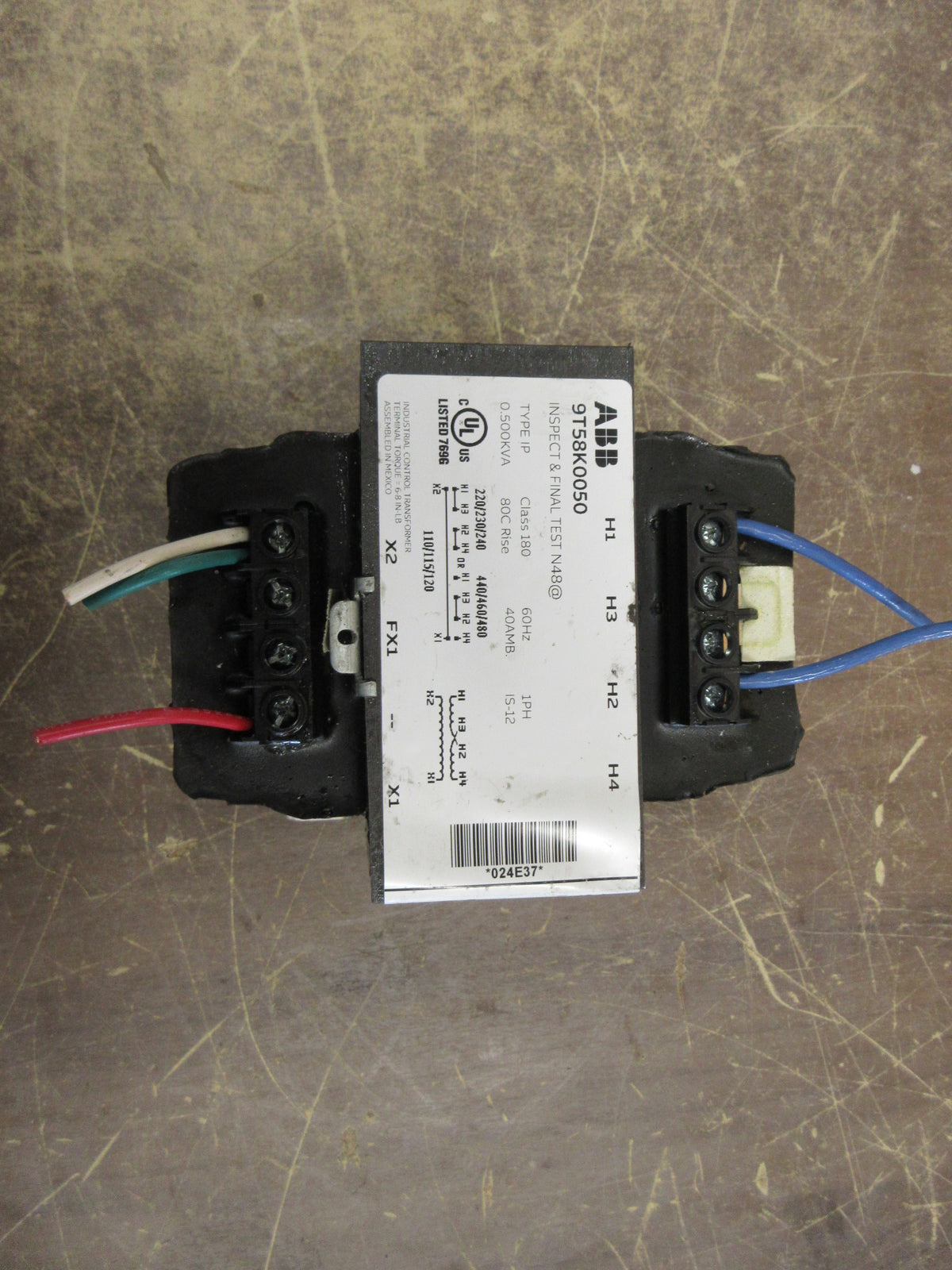 ABB Control Transformer 9T58K0050 0.500KVA Pri: 240/ 480V Sec: 120V 60Hz Used