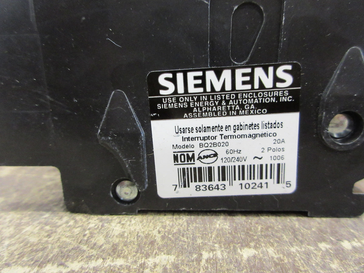 Siemens Type BQ Bolt-On Circuit Breaker BQ2B020 20A 120/240V 2P *Lot of 2* Used