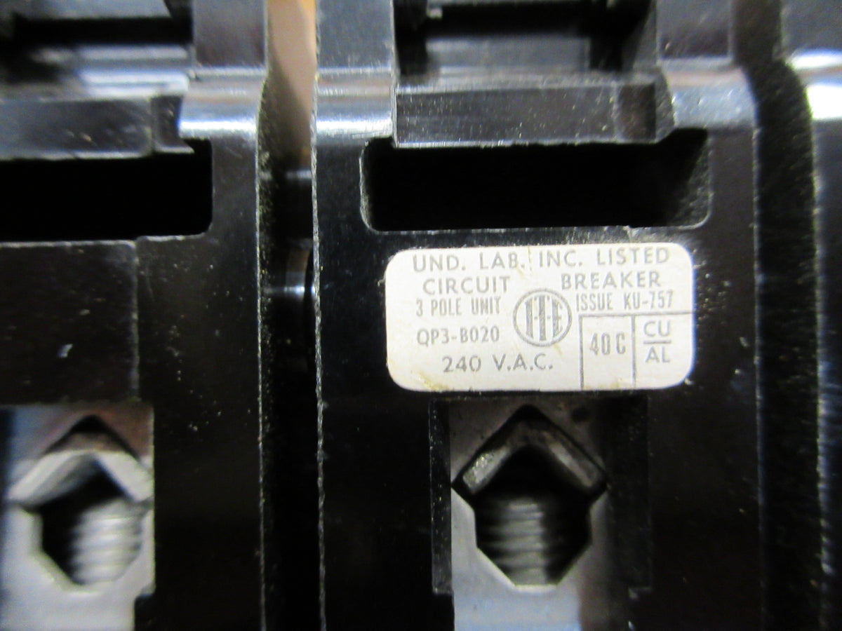 ITE Clip-On Circuit Breaker QP3-B020 20A 240V 3P Used