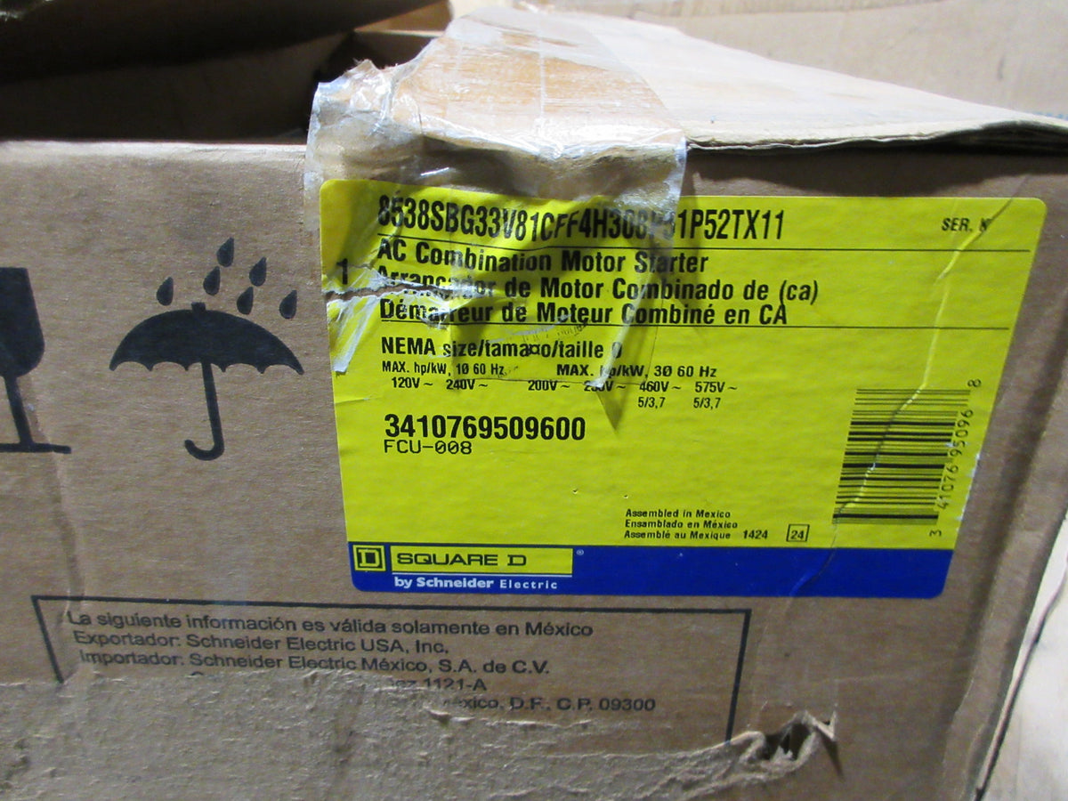 Square D Size 0 Combination 8538SBG33V81CFF4H308P51P52TX11 Ser. K New Surplus