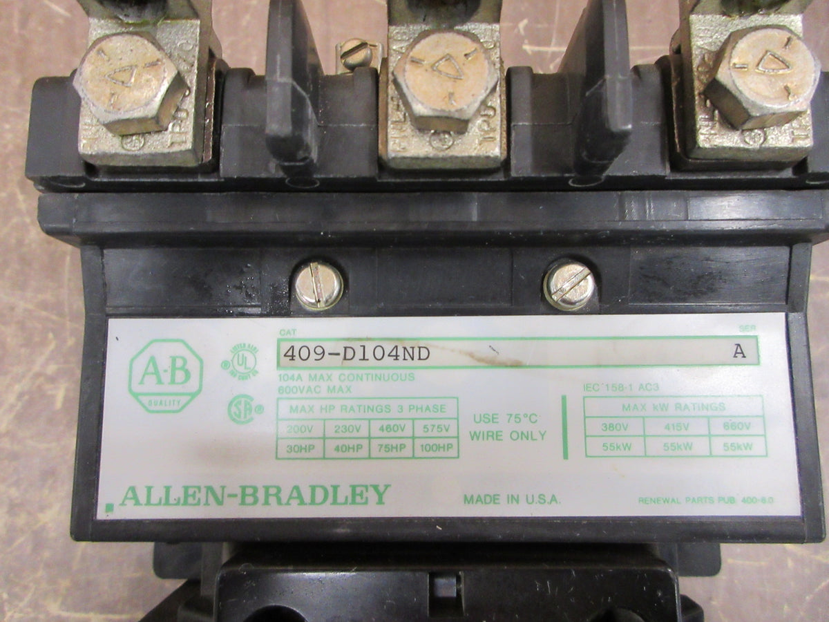 Allen-Bradley Contactor 409-D104ND Ser. A 115-DOV Coil 104A 600V Used