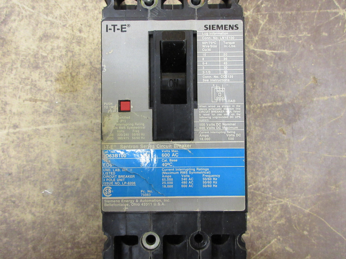 Siemens ITE Sentron Series Circuit Breaker ED63B100 100A 600V 3P Used