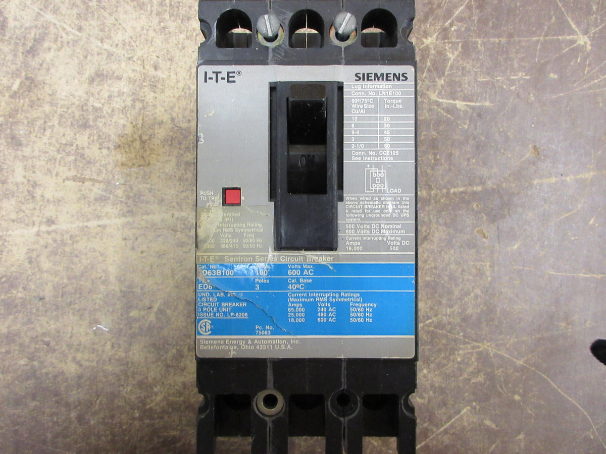 Siemens ITE Sentron Series Circuit Breaker ED63B100 100A 600V 3P Used