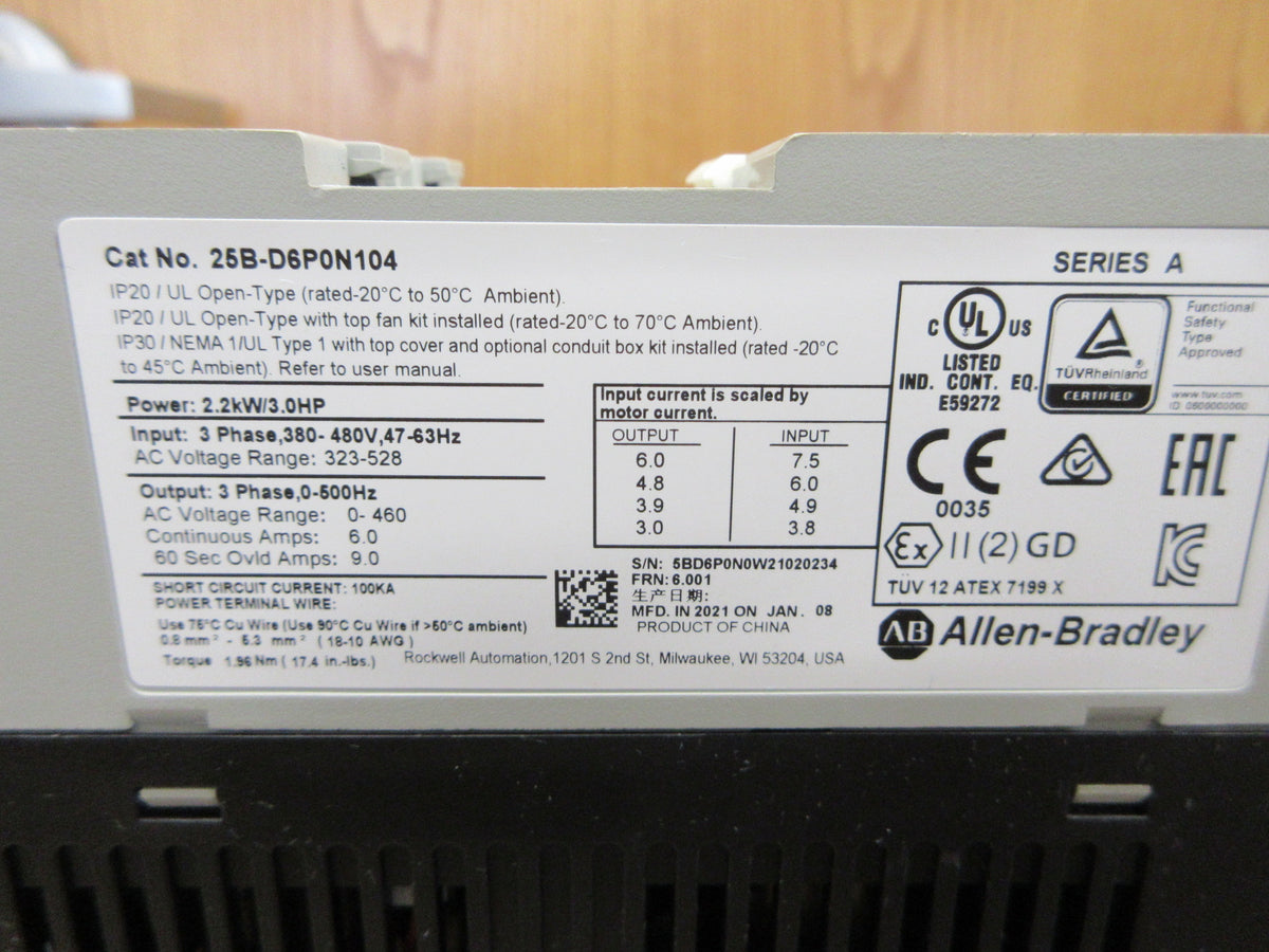 Allen-Bradley Power Flex 525 AC Drive 25B-D6P0N104 Ser. A 3HP 3Hp Used