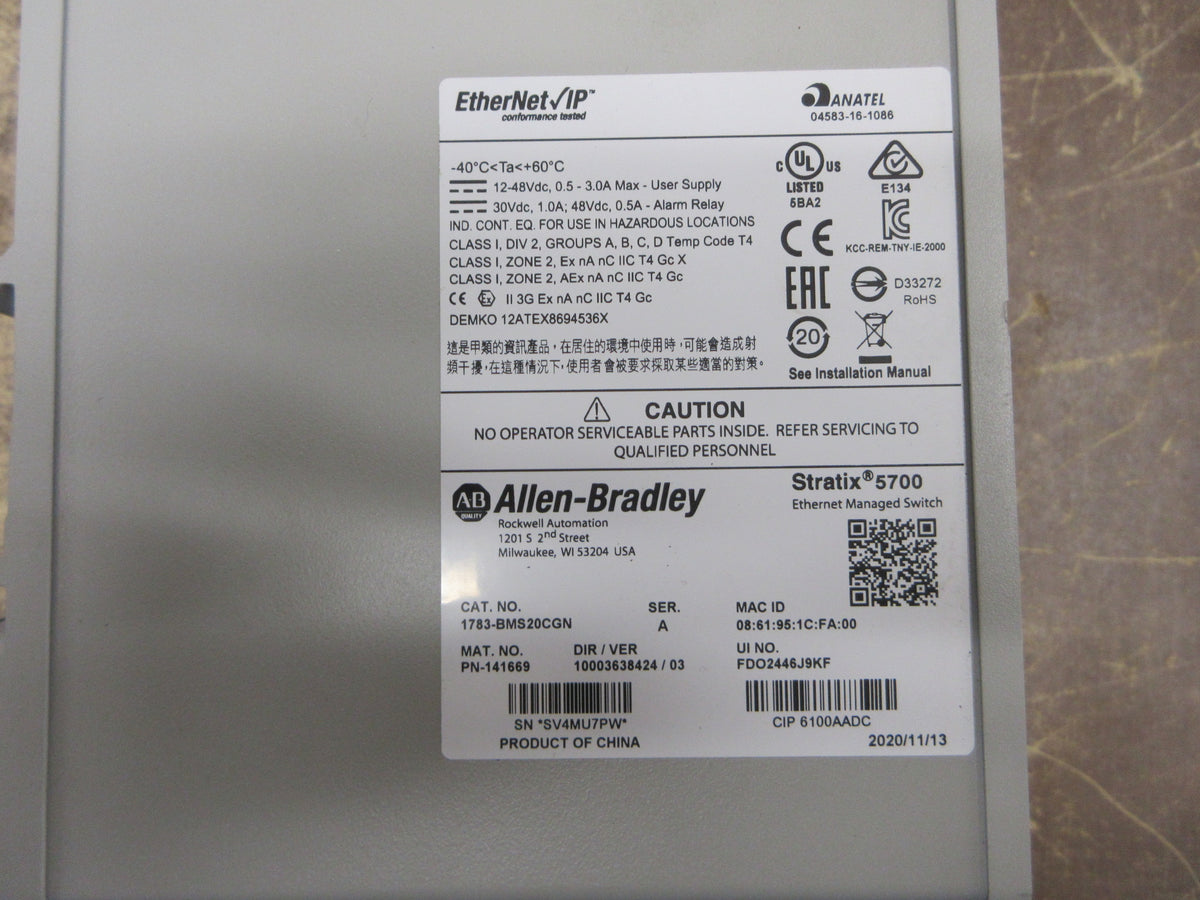 Allen-Bradley Stratix 5700 Ethernet Managed Switch 1783-BMS20CGN Ser. A Used