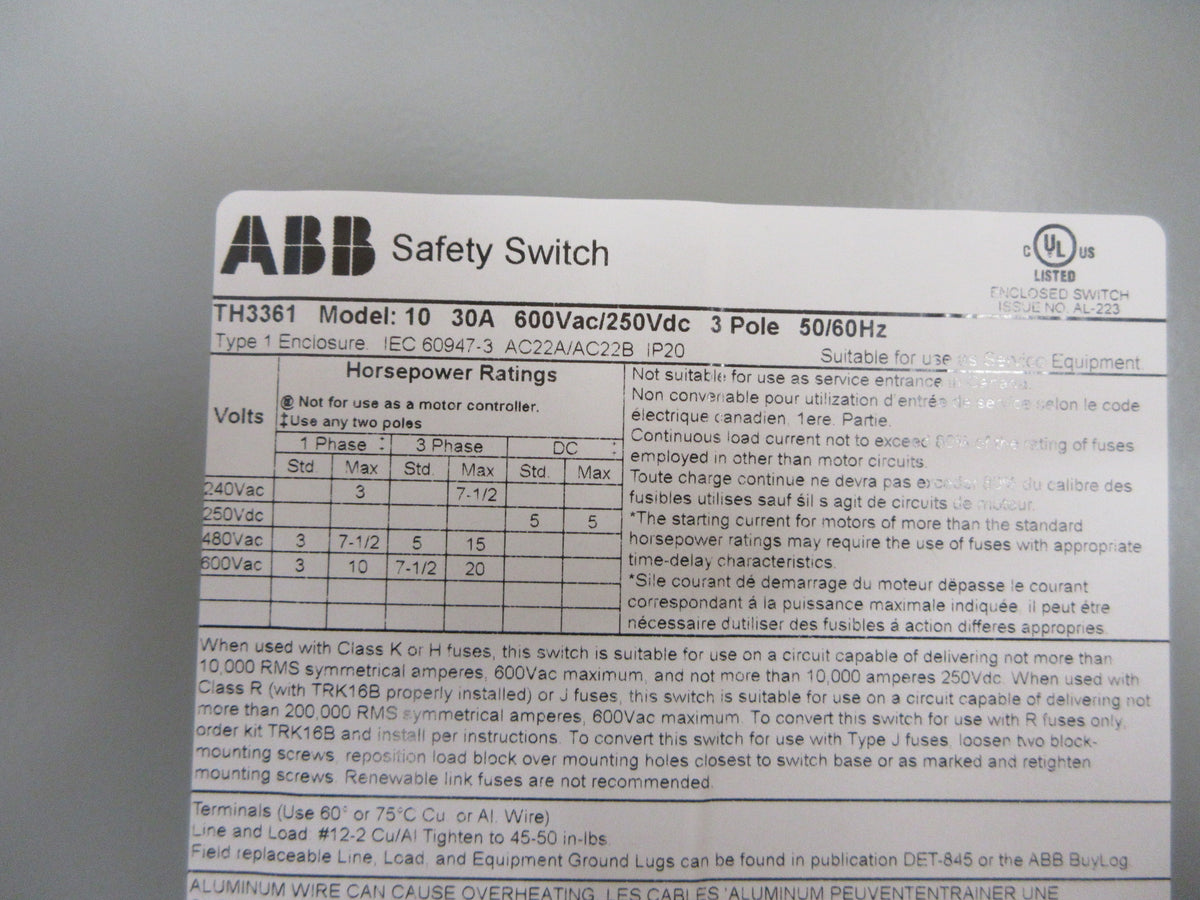 ABB Fusible Safety Switch/ Disconnect TH3361 30A 600V 3P 3W New Surplus
