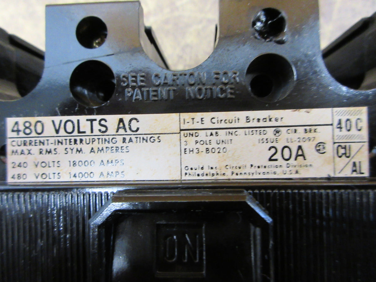 ITE Circuit Breaker EH3-B020 20A 480V 3P Used