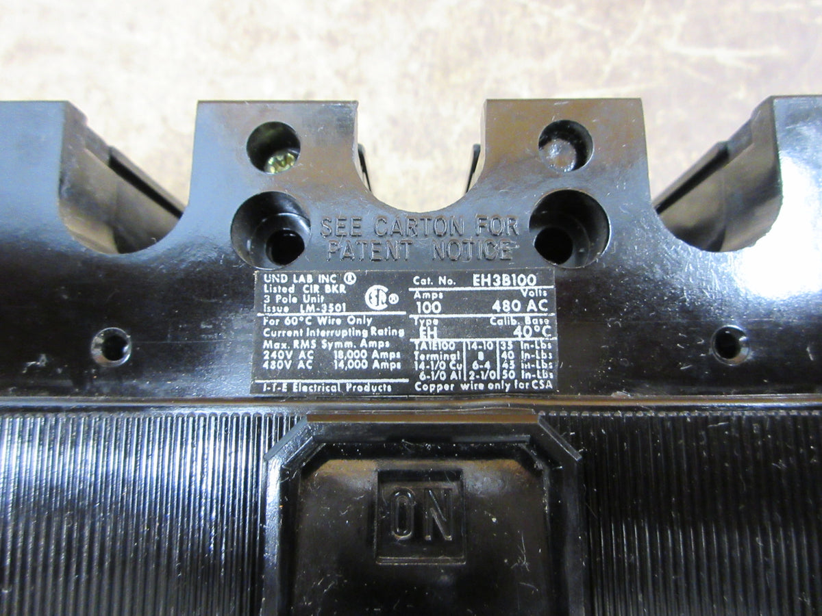ITE Circuit Breaker EH3B100 100A 480V 3P (2) Mounting Screws Used