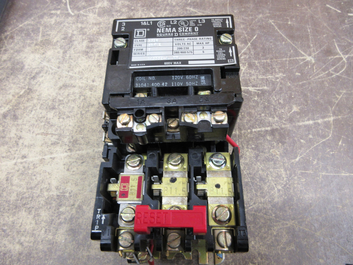 Square D Size 0 Starter 8536SBO2S Ser. A 120V Coil 600V Used