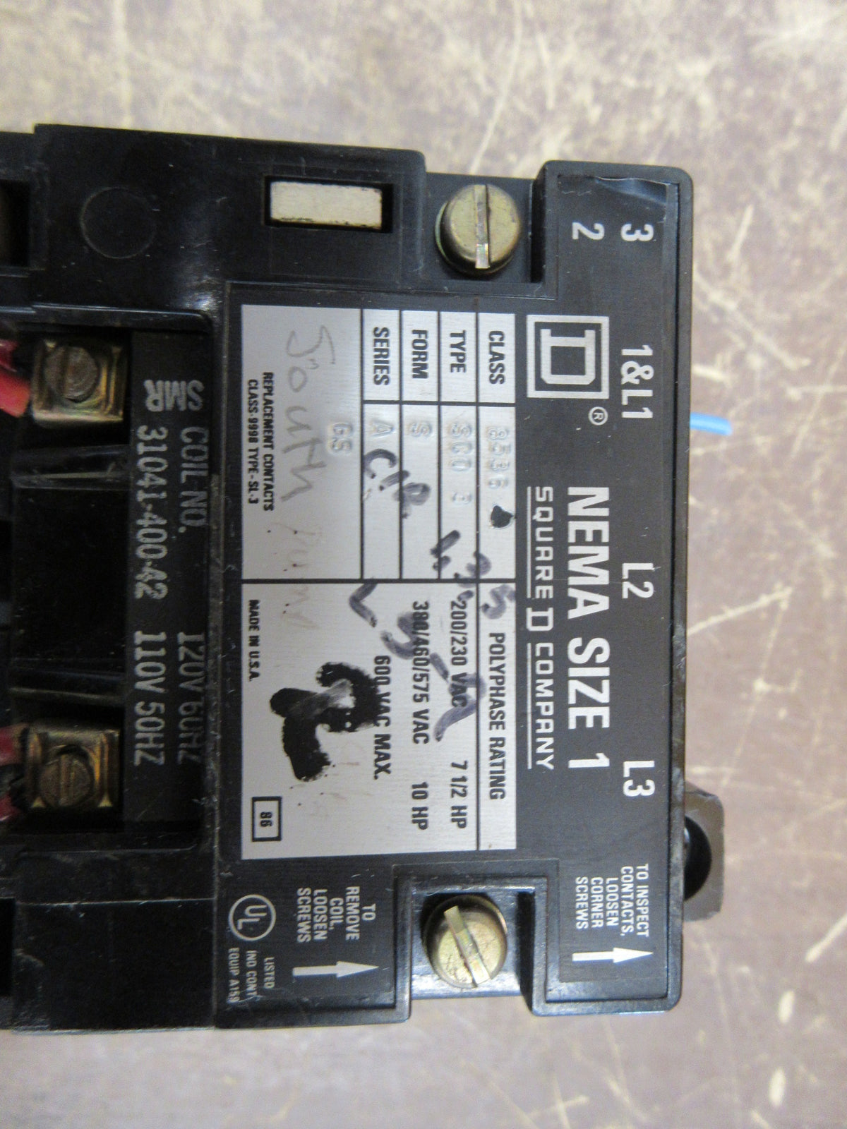Square D Size 1 Starter 8536 SCO -3 S Ser. A 120V Coil 600 V Used