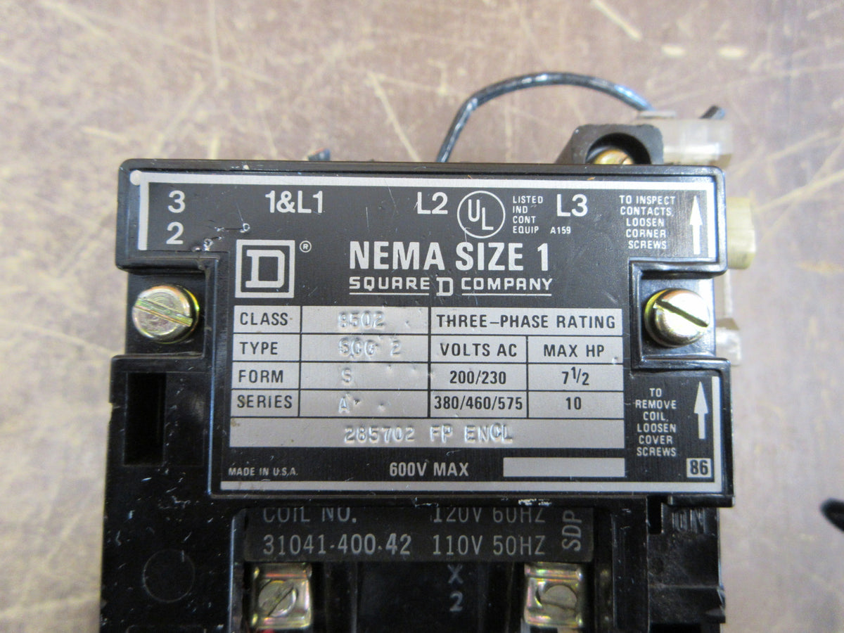 Square D Size 1 Starter 8502 SCG2S Ser. A 120V Coil 600V W/ Aux Fuse Used