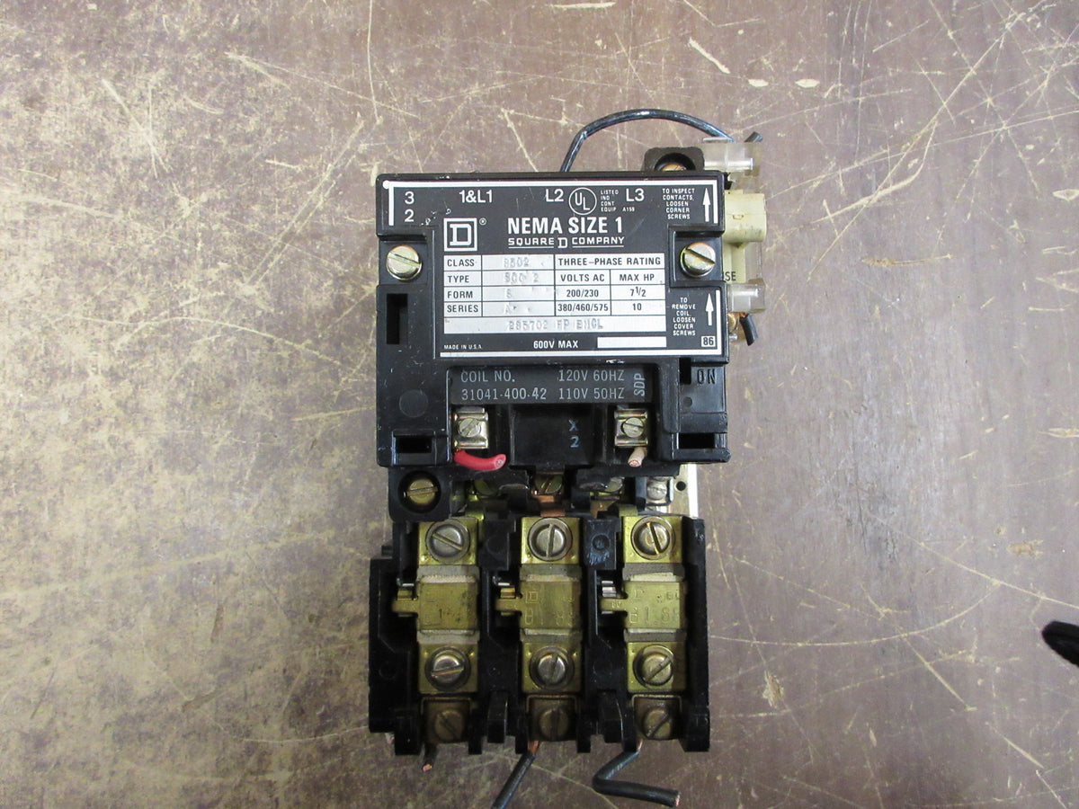 Square D Size 1 Starter 8502 SCG2S Ser. A 120V Coil 600V W/ Aux Fuse Used