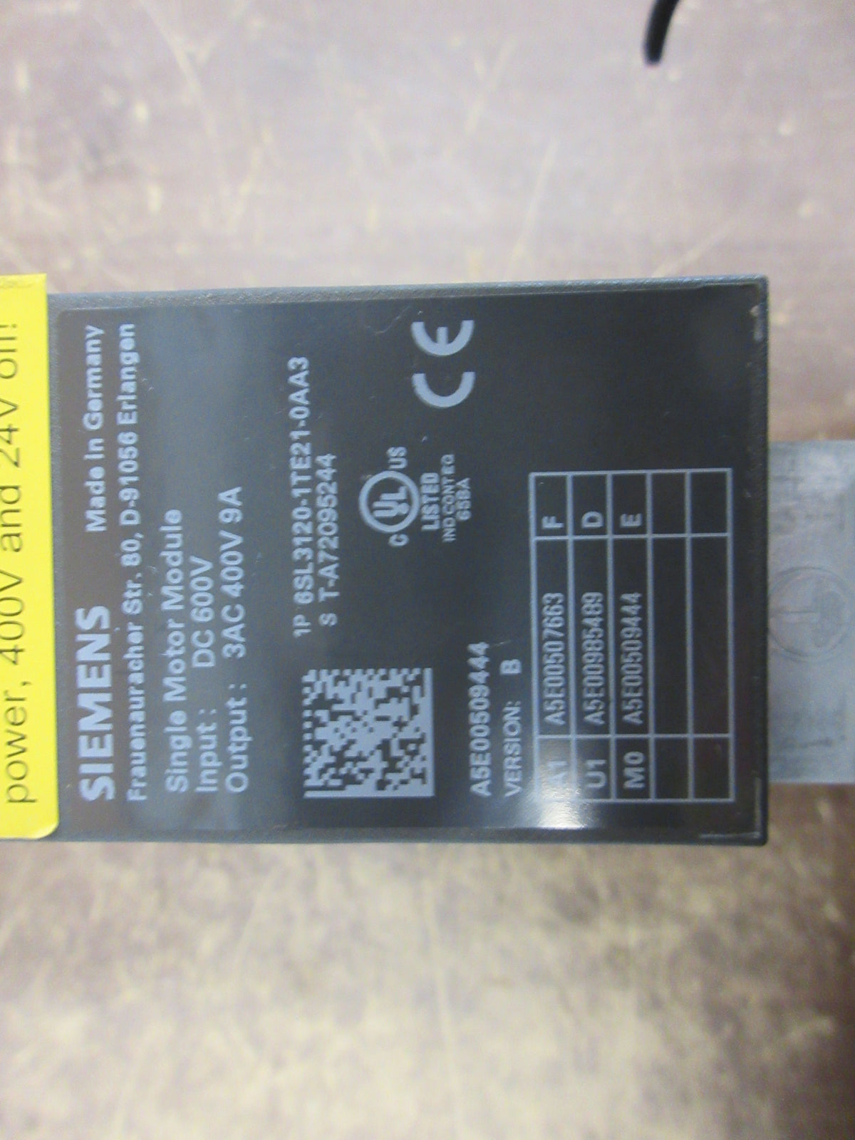 Siemens Single Motor Module 6SL3120-1TE21-8AA3 Ver. B Input: 600VDC Used