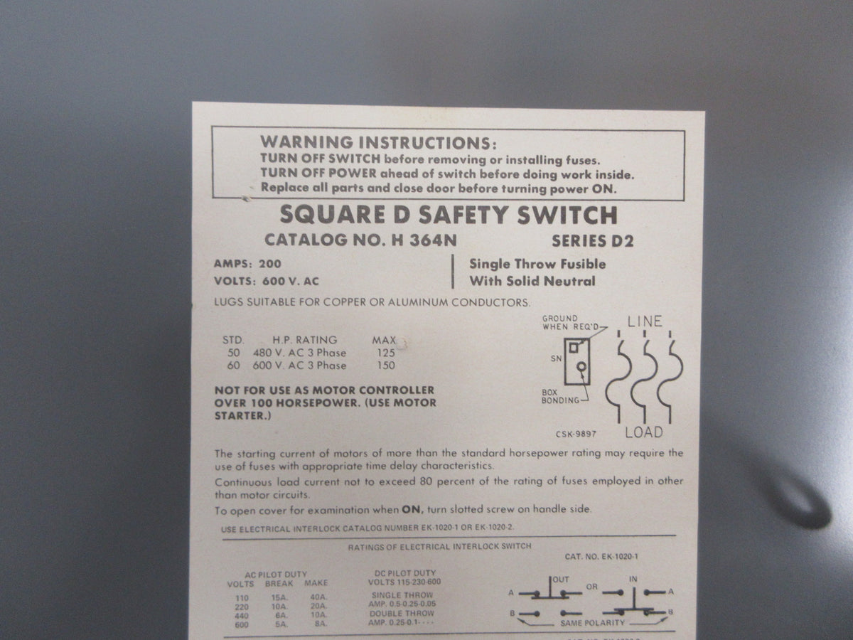 Square D Fusible Safety Switch/Disconnect H364N Ser. D2 200A 600V 3P Used