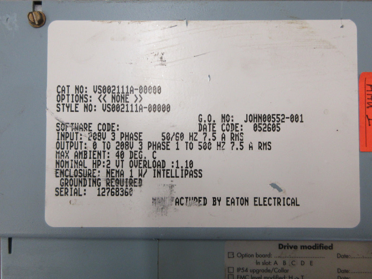Eaton Johnson Controls AC Drive w/bypass VS002111A-00000 2HP 3Ph w/Keypad Used