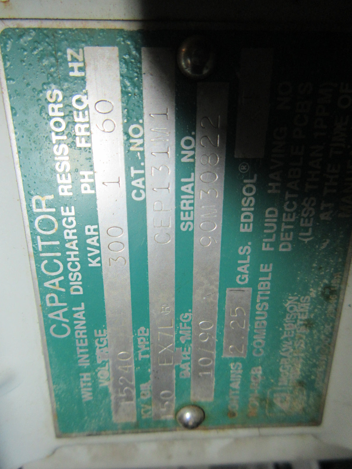 Cooper McGrow-Edison Type EX7L Capacitor CEP131M1 300 KVAR 1Ph 60Hz 15240V Used