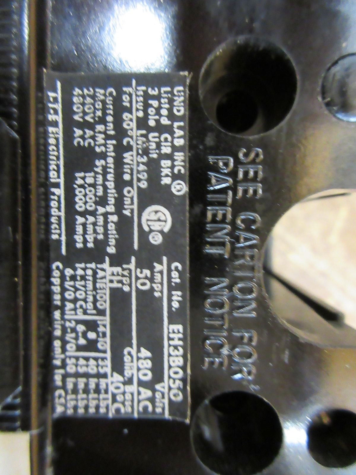 ITE Circuit Breaker EH3B050 50A 480V 3P (2) Mounting Screws Used