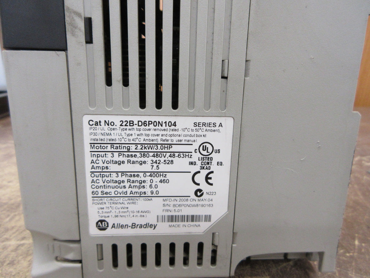 Allen-Bradley PowerFlex 40 AC Drive 22B-D6P0N104 Ser. A 3HP 3Ph Used